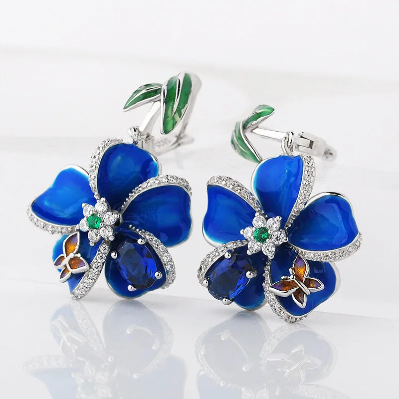 Buyee 925 Sterling Silver Female Big Clip Earring Blue Enamel Flower Dangle Earring for Women Fashion Fine Jewelry Earrings