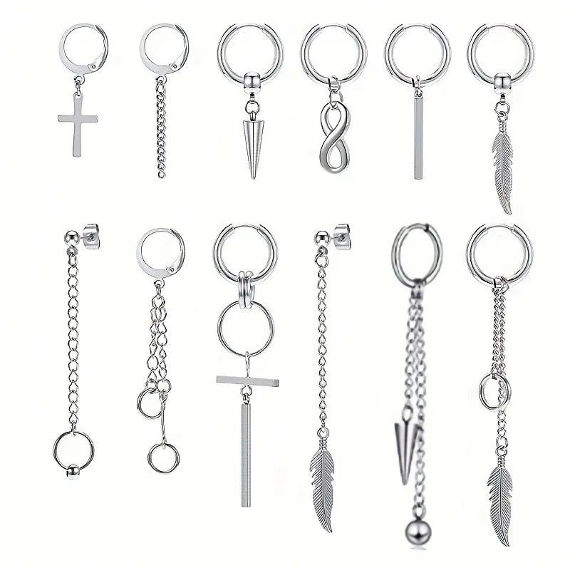 12pcs/set Black Or Silvery Unisex Cross Pendant Earrings Steel Earrings Set Black Earrings Set Pendant Chain Earring Hoop