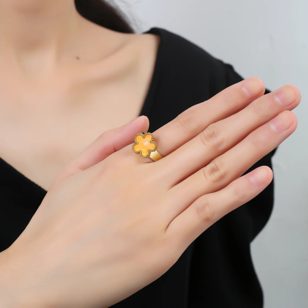 Simple Adjustable Stainless Steel Five Leaf Flower Open Ring Fashion for Woman Party Wedding Trend Jewelry Accessories Clover