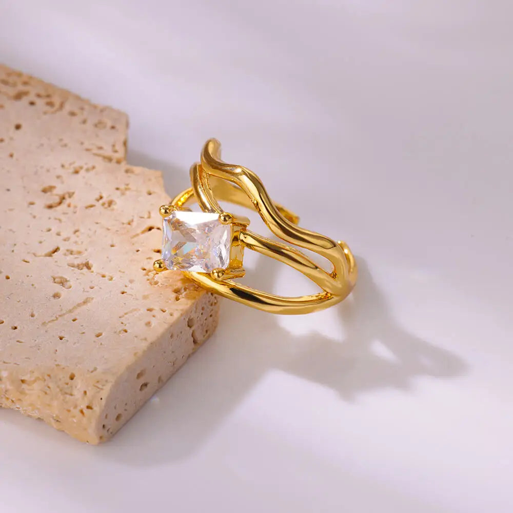Fashion Square Zircon Geometric Rings For Women Gold Color Stainless Steel Adjustable Ring Wedding Aesthetic Jewelry Gift Femme
