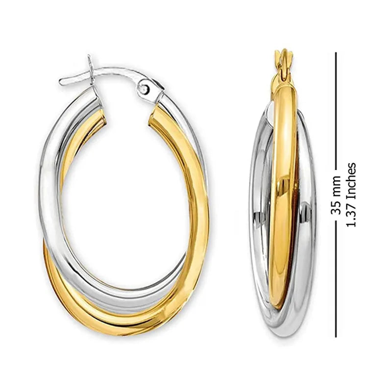 Huitan Women Hoop Earrings Simple Two Tone Circle Design Versatile Elegant Party Daily Wedding Jewelry Fashion Metal Accessories