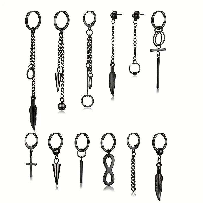 12pcs/set Black Or Silvery Unisex Cross Pendant Earrings Steel Earrings Set Black Earrings Set Pendant Chain Earring Hoop