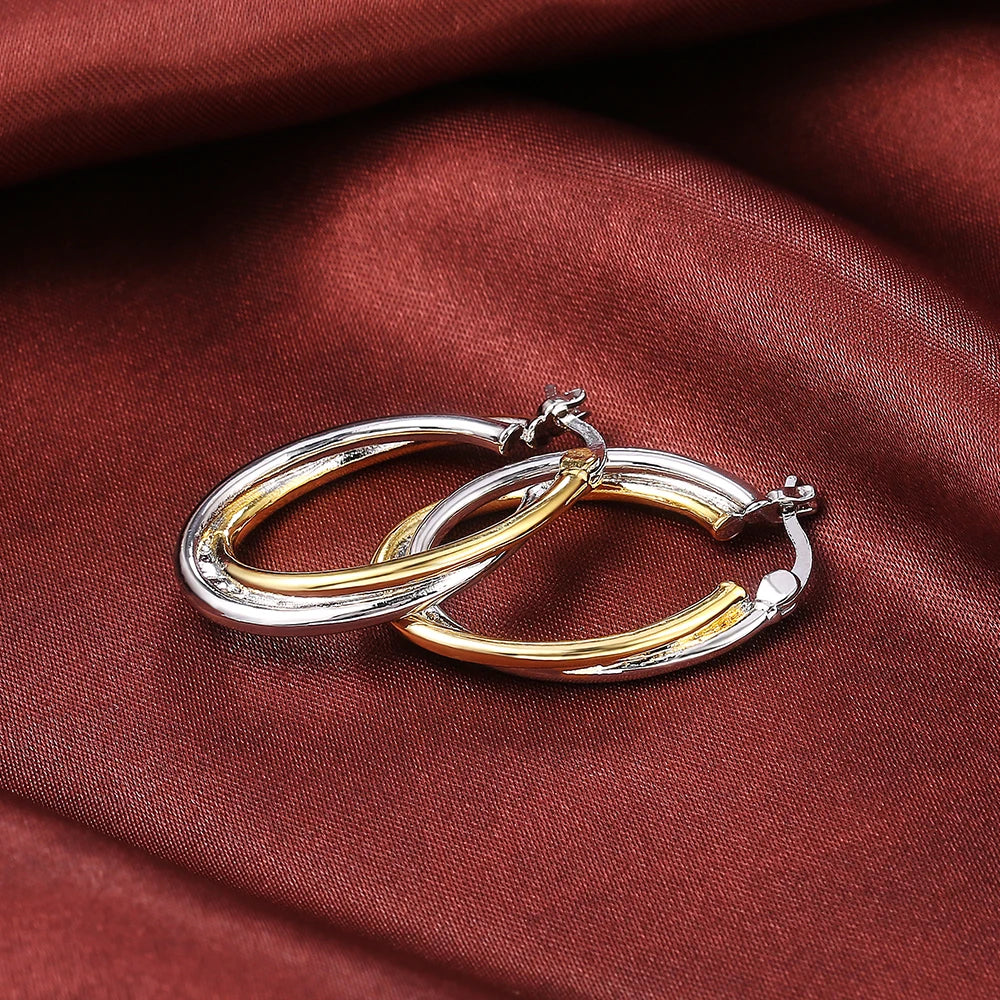 Huitan Women Hoop Earrings Simple Two Tone Circle Design Versatile Elegant Party Daily Wedding Jewelry Fashion Metal Accessories