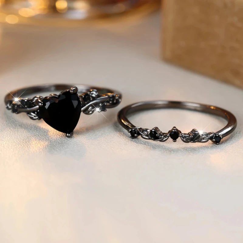 Fashionable and Trendy Black Love Heart Double Layer Ring for Women Gothic Holiday Party Accessories Jewelry Gifts