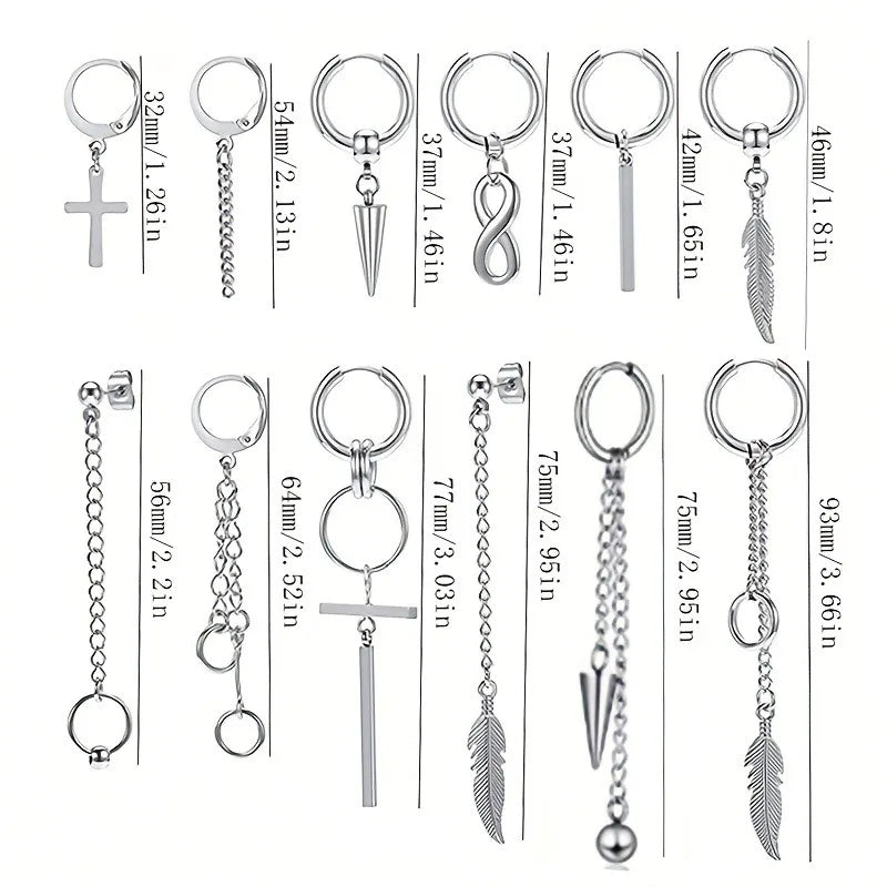 12pcs/set Black Or Silvery Unisex Cross Pendant Earrings Steel Earrings Set Black Earrings Set Pendant Chain Earring Hoop