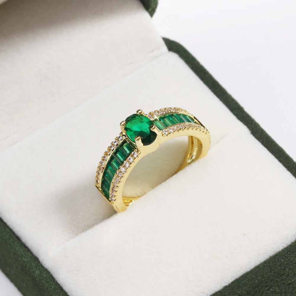 Green CZ Rings for Women Gold Silver Color Luxury Trendy Wedding Engagement Accessories Temperament Female Jewelry