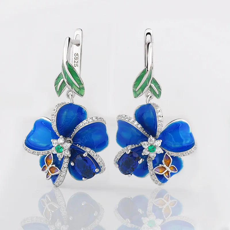 Buyee 925 Sterling Silver Female Big Clip Earring Blue Enamel Flower Dangle Earring for Women Fashion Fine Jewelry Earrings