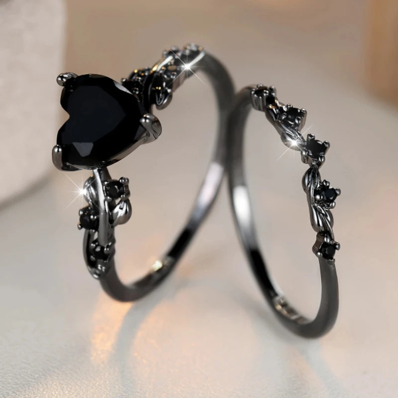 Fashionable and Trendy Black Love Heart Double Layer Ring for Women Gothic Holiday Party Accessories Jewelry Gifts