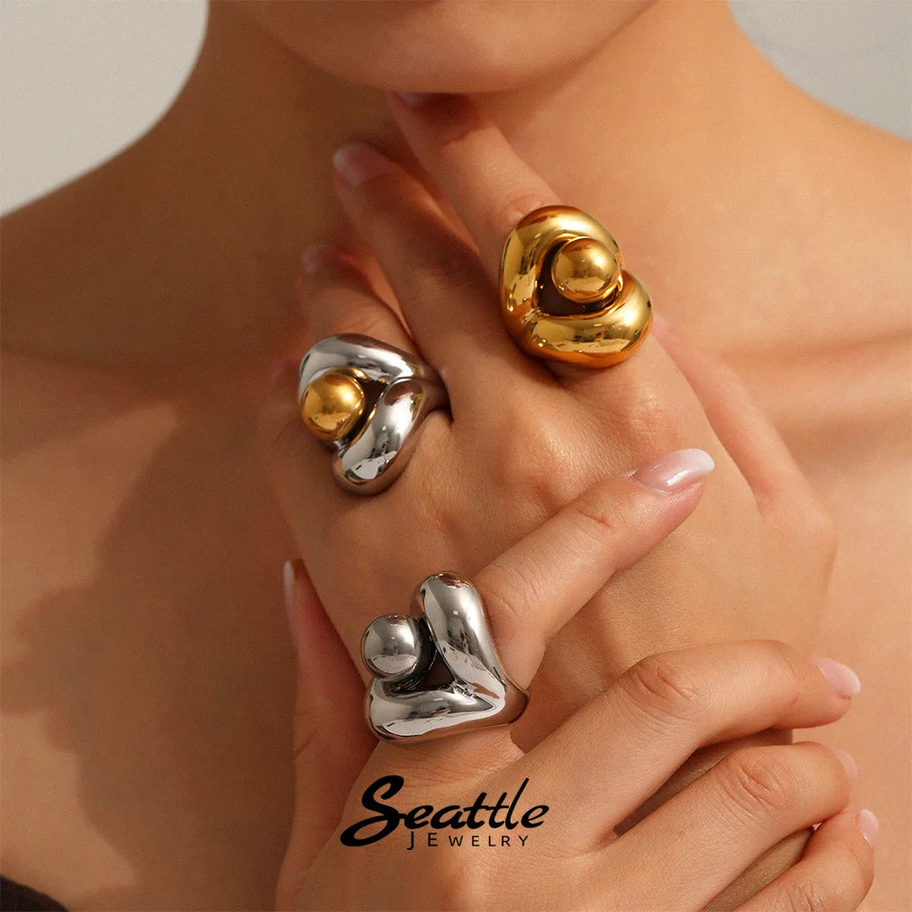 Gold Color Silver Stainless Steel Ring for Womens Fashion Hollow Out Spherical Chunky Rings Female Punk Luxury Jewelry