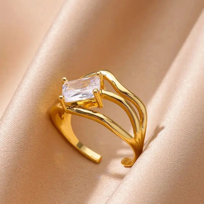 Fashion Square Zircon Geometric Rings For Women Gold Color Stainless Steel Adjustable Ring Wedding Aesthetic Jewelry Gift Femme