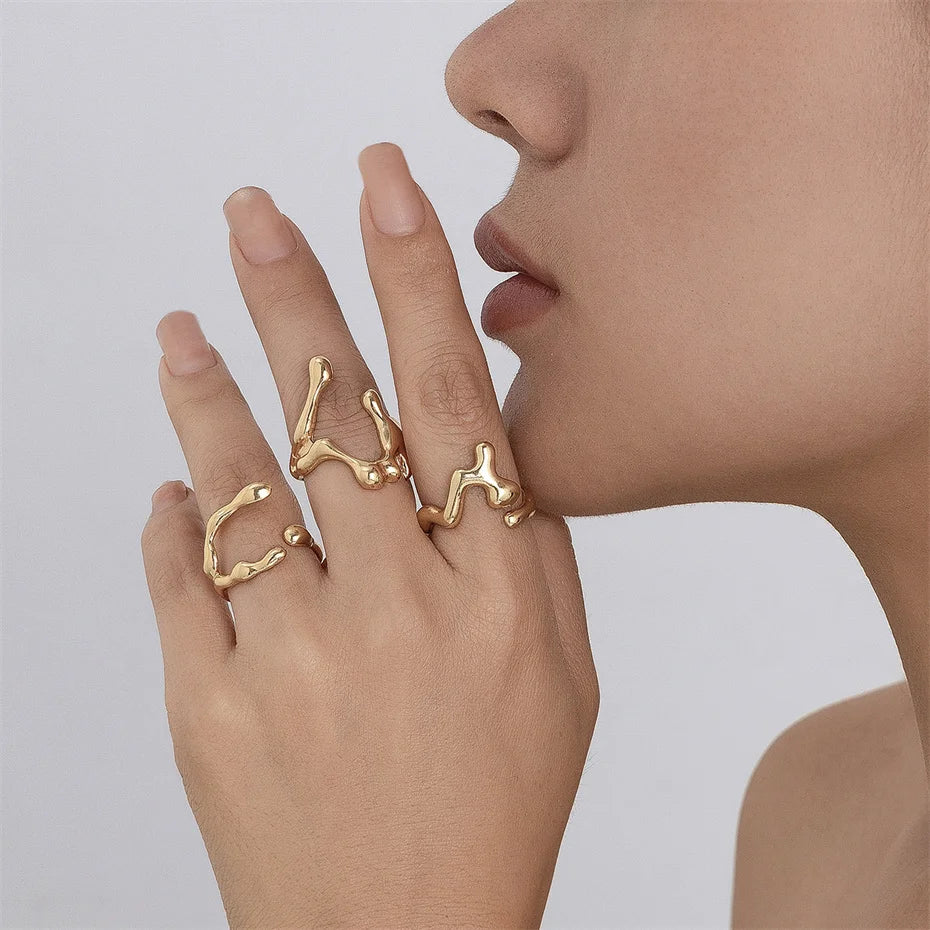 Ingemark 3Pcs Unique Irregular Smooth Rings Set Women Vintage Geometric Gold Color Lava Open Ring Couple Wed Accessories Gift