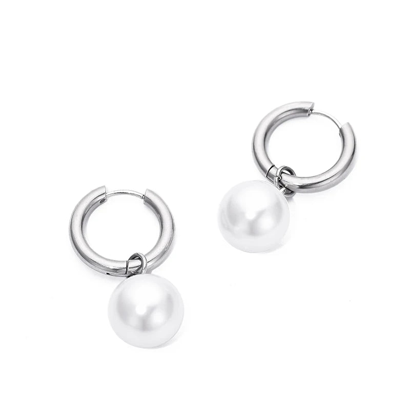 Fashion Imitation Pearl Pendant Stainless Steel Hoop Earrings Woman Round White Pearls Temperament Elegant Drop Dangle Jewelry
