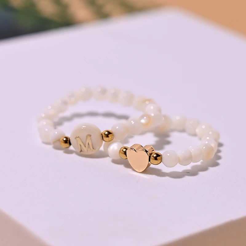 2Pcs/Lot Initial Ring for Women Gold Color Heart Mother of Pearl Beads Elastic Ring Fashion Finger Jewelry MOON GIRL Design