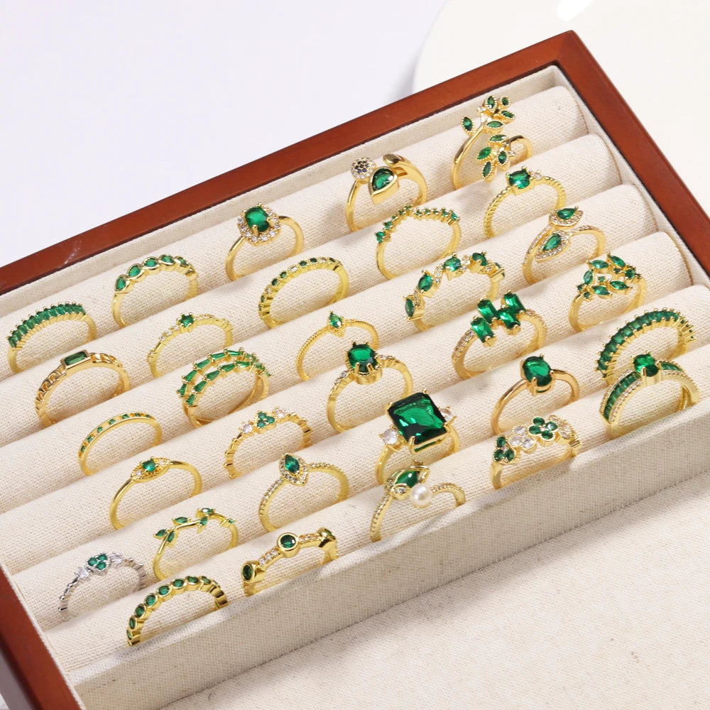 Green CZ Rings for Women Gold Silver Color Luxury Trendy Wedding Engagement Accessories Temperament Female Jewelry