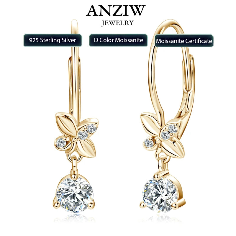 2024 Trend Real 925 Silver 5mm Round Moissanite Drop Clip Earrings  for Women Four-leaf Clover Valentine Wedding  Jewelry Gift