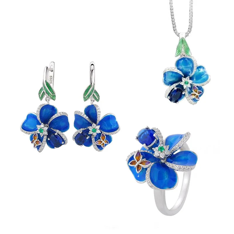 Buyee 925 Sterling Silver Female Big Clip Earring Blue Enamel Flower Dangle Earring for Women Fashion Fine Jewelry Earrings
