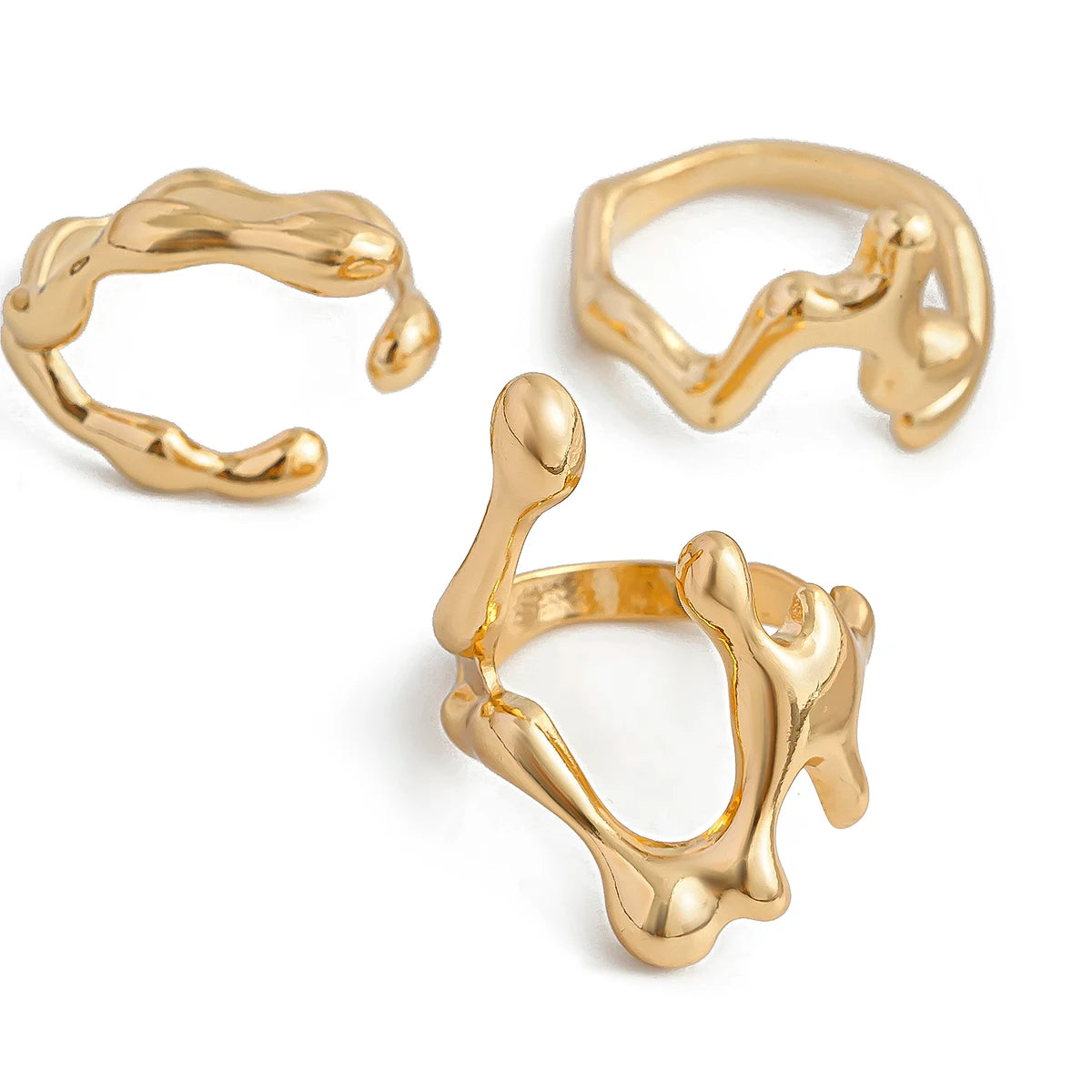 Ingemark 3Pcs Unique Irregular Smooth Rings Set Women Vintage Geometric Gold Color Lava Open Ring Couple Wed Accessories Gift