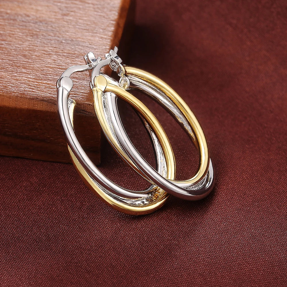 Huitan Women Hoop Earrings Simple Two Tone Circle Design Versatile Elegant Party Daily Wedding Jewelry Fashion Metal Accessories
