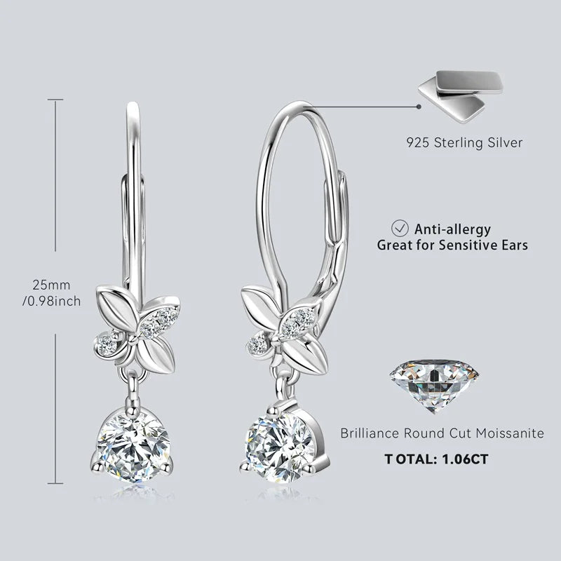 2024 Trend Real 925 Silver 5mm Round Moissanite Drop Clip Earrings  for Women Four-leaf Clover Valentine Wedding  Jewelry Gift