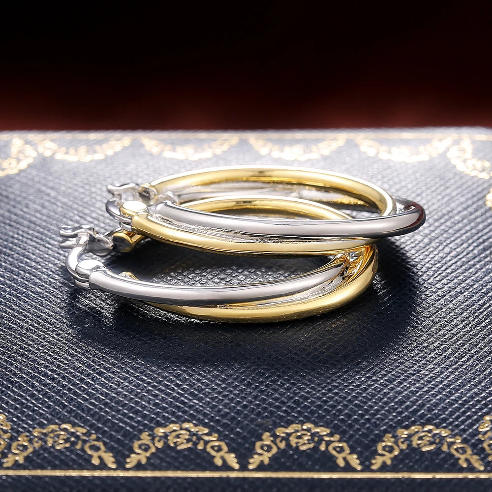 Huitan Women Hoop Earrings Simple Two Tone Circle Design Versatile Elegant Party Daily Wedding Jewelry Fashion Metal Accessories