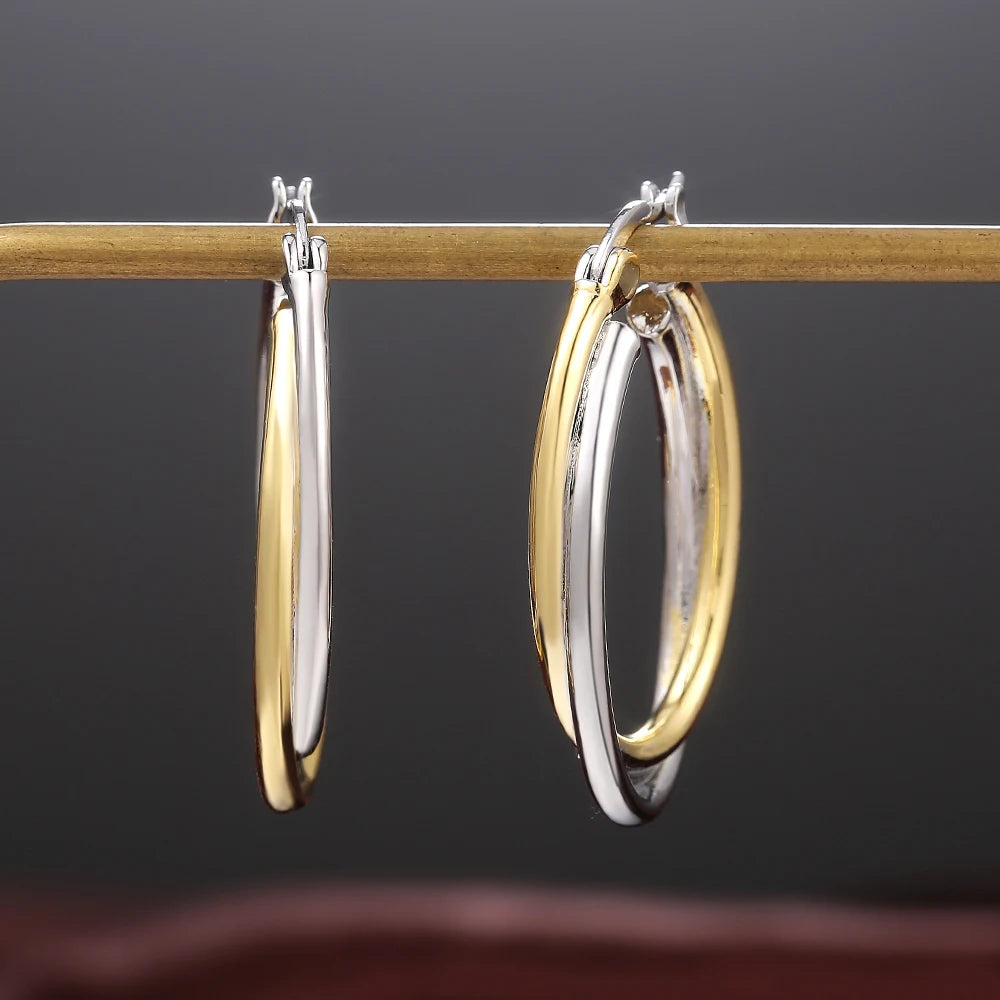 Huitan Women Hoop Earrings Simple Two Tone Circle Design Versatile Elegant Party Daily Wedding Jewelry Fashion Metal Accessories