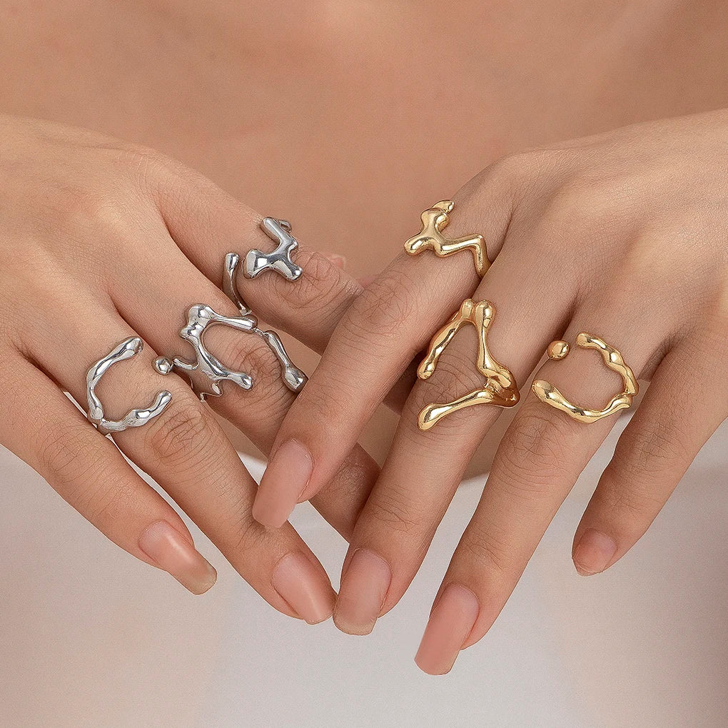 Ingemark 3Pcs Unique Irregular Smooth Rings Set Women Vintage Geometric Gold Color Lava Open Ring Couple Wed Accessories Gift