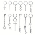 12pcs/set Black Or Silvery Unisex Cross Pendant Earrings Steel Earrings Set Black Earrings Set Pendant Chain Earring Hoop