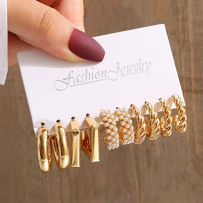 Gold Color Vintage Geometry Pearl Earrings Set Metal Twine Square Dangle Earrings Round for Women Simple Trendy Party Jewelry