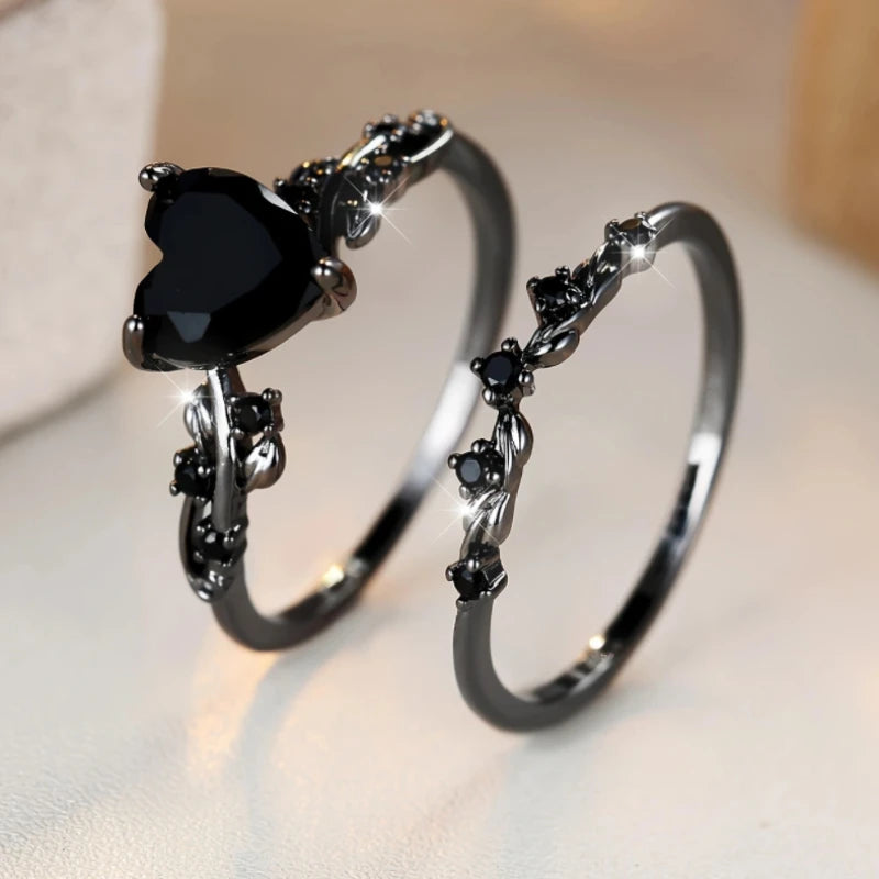 Fashionable and Trendy Black Love Heart Double Layer Ring for Women Gothic Holiday Party Accessories Jewelry Gifts