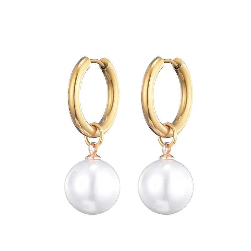 Fashion Imitation Pearl Pendant Stainless Steel Hoop Earrings Woman Round White Pearls Temperament Elegant Drop Dangle Jewelry