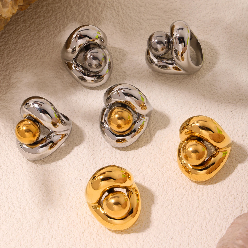Gold Color Silver Stainless Steel Ring for Womens Fashion Hollow Out Spherical Chunky Rings Female Punk Luxury Jewelry