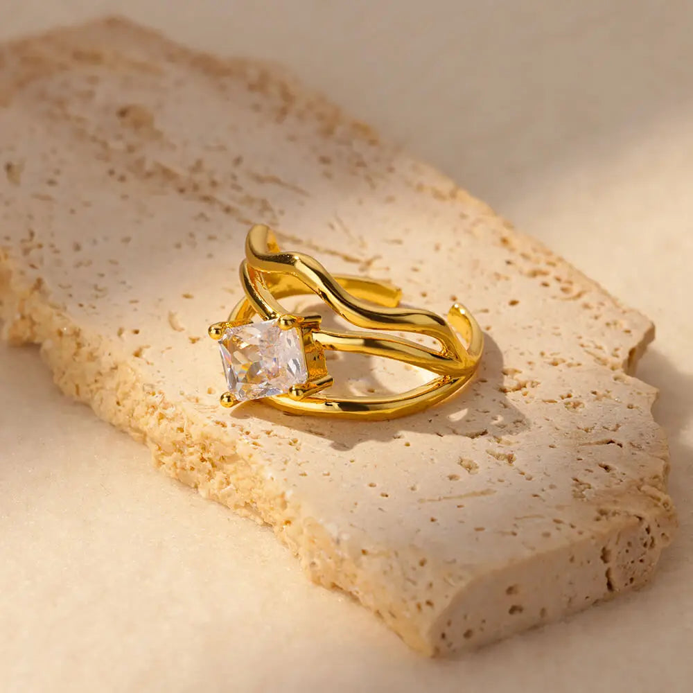 Fashion Square Zircon Geometric Rings For Women Gold Color Stainless Steel Adjustable Ring Wedding Aesthetic Jewelry Gift Femme