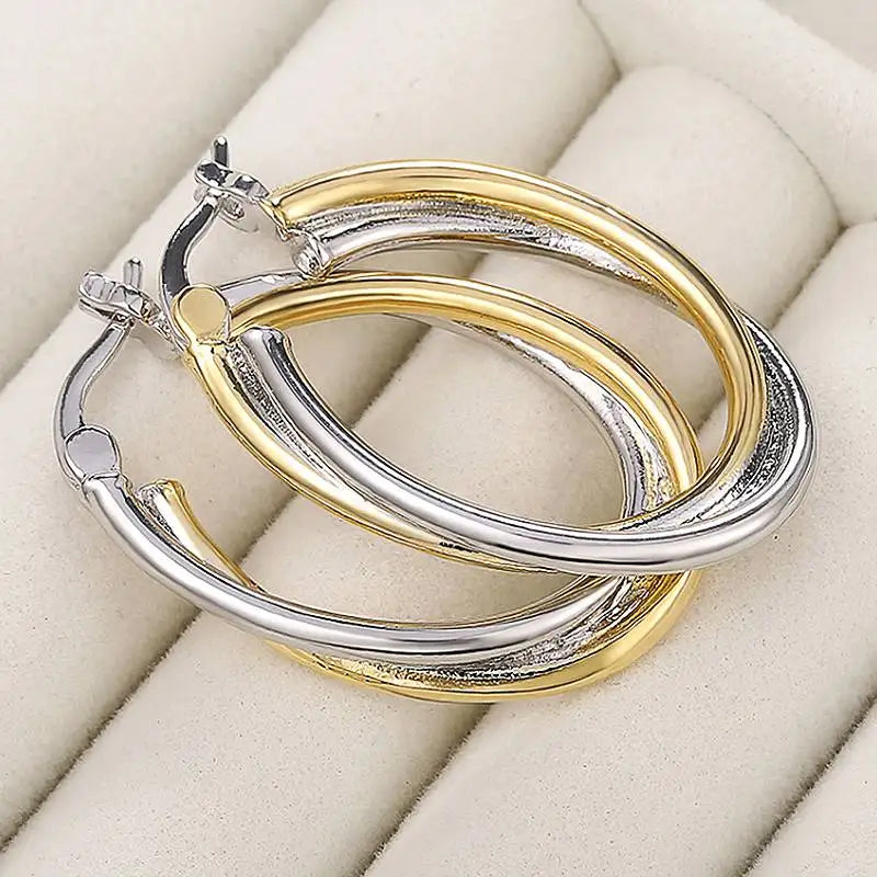 Huitan Women Hoop Earrings Simple Two Tone Circle Design Versatile Elegant Party Daily Wedding Jewelry Fashion Metal Accessories