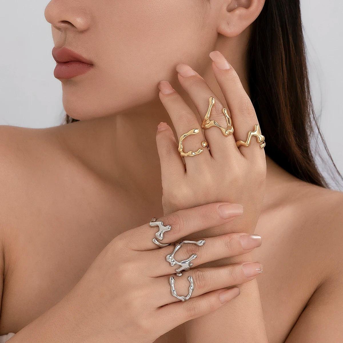 Ingemark 3Pcs Unique Irregular Smooth Rings Set Women Vintage Geometric Gold Color Lava Open Ring Couple Wed Accessories Gift